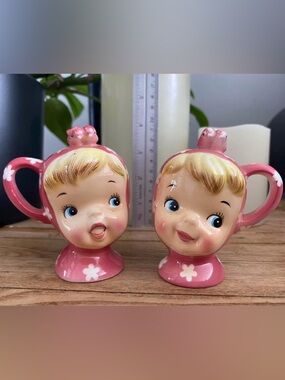 VTG Napco Pink Miss Cutie Pie Salt & Pepper Shakers Pink MCM Japan Rare